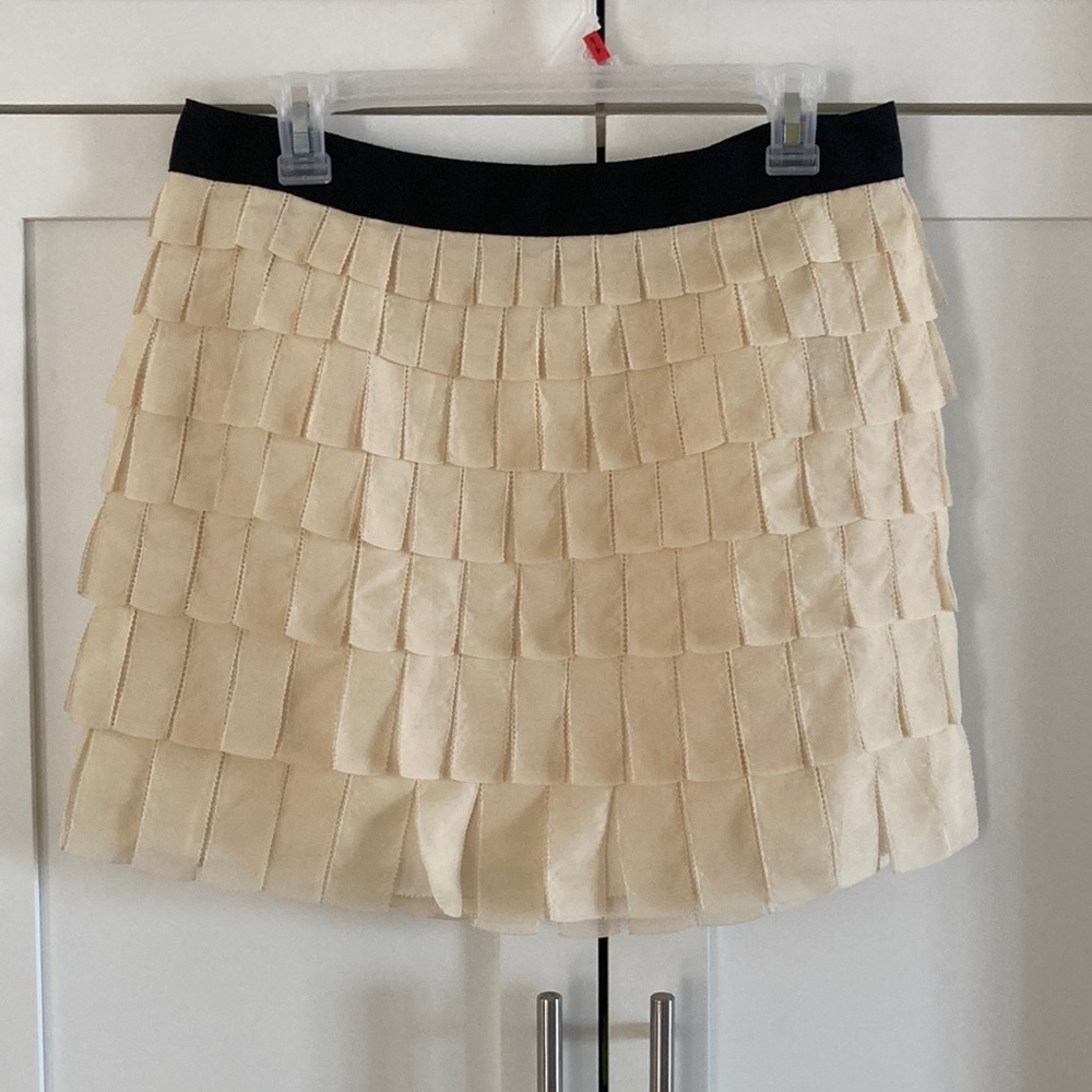 J. Crew Cream Tiered Ruffle Mini Skirt with Black Waistband